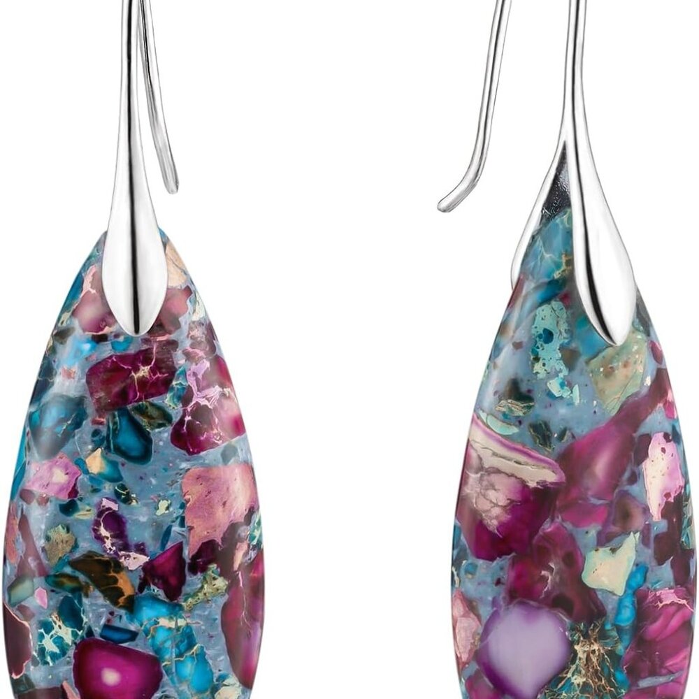 Stone Fishhook Dangle Drop Earrings Statement Ear… - image 1